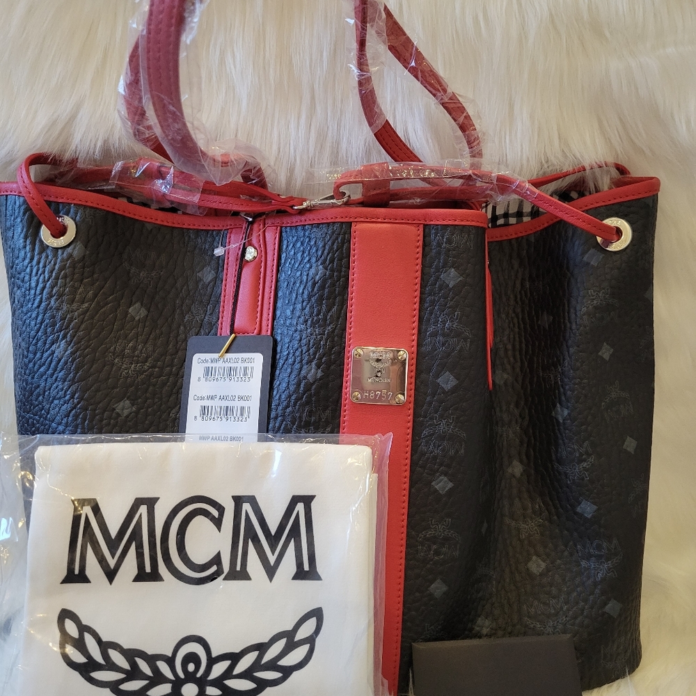 MCM Liz Shopper Medium Black Red Visetos